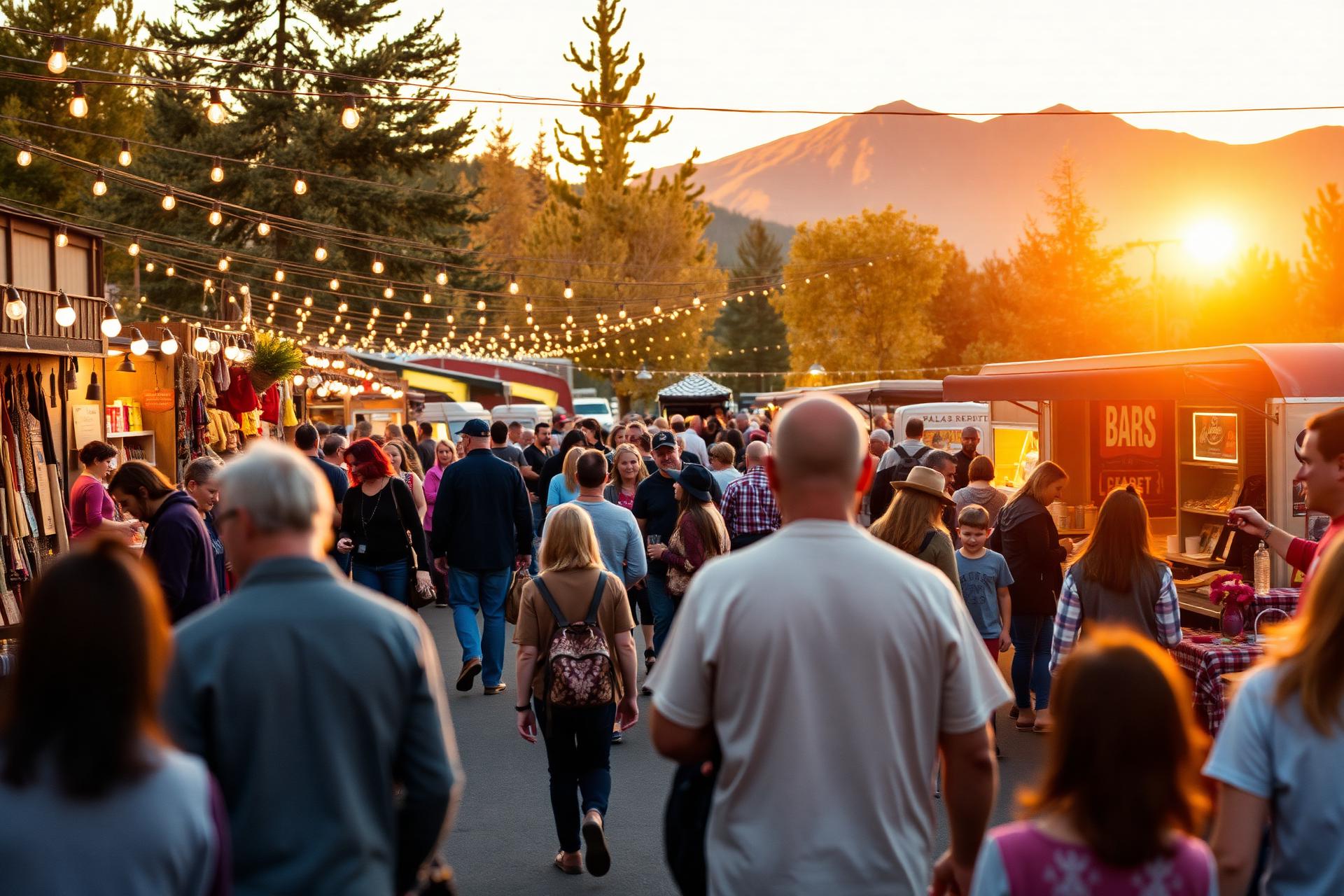 Outdoor Colorado family market at golden hour with string lights, families browsing artisan booths and food trucks under the Rocky Mountains